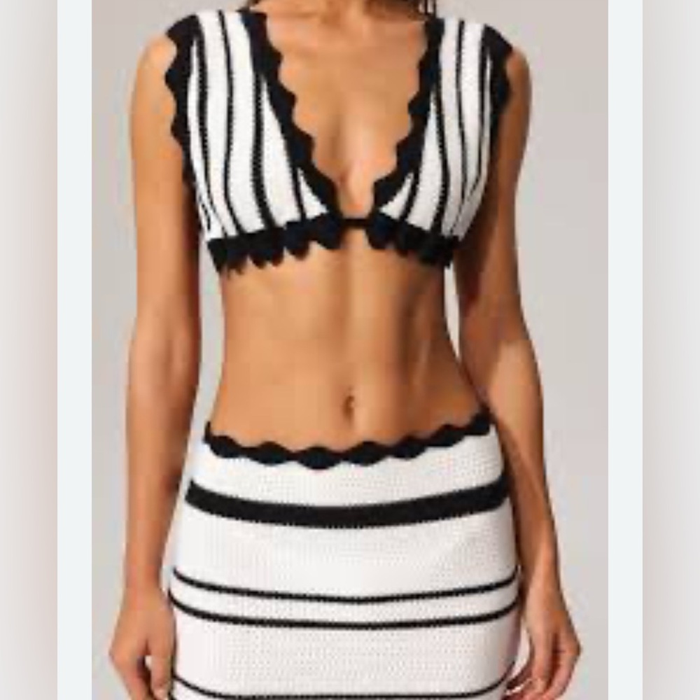 Black and White Striped Knit Two-Piece Set Mini Skirt & top